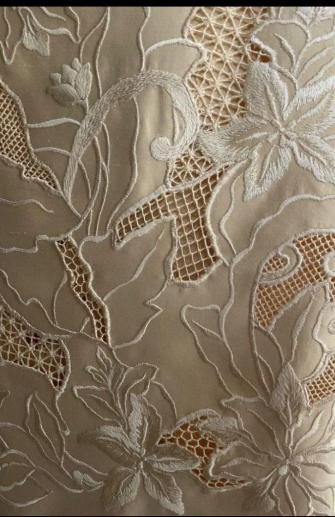 Close-up of Schiffli embroidery on cotton fabric